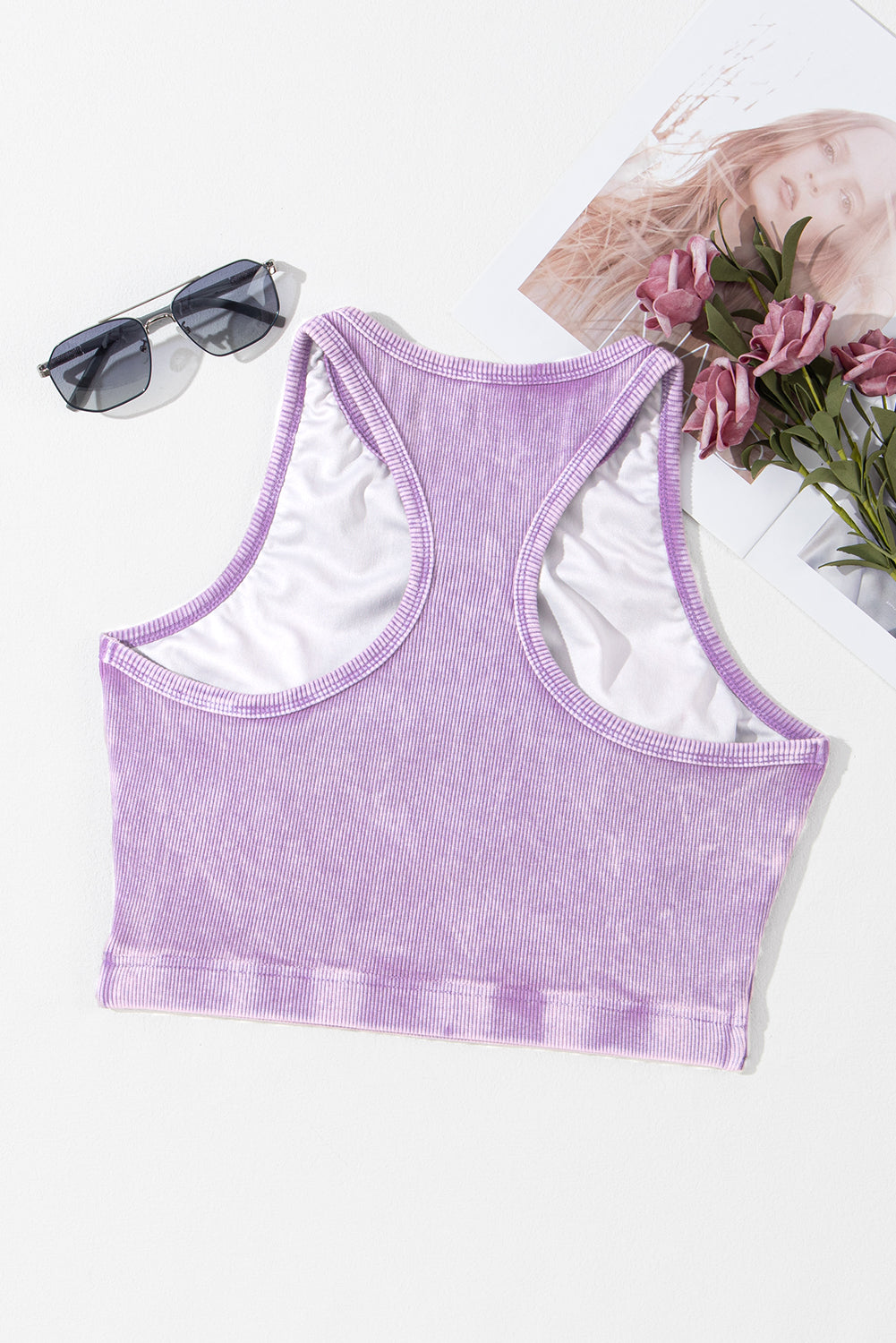 Pink Ribbed Mineral Wash Racerback Cropped Tank Top
