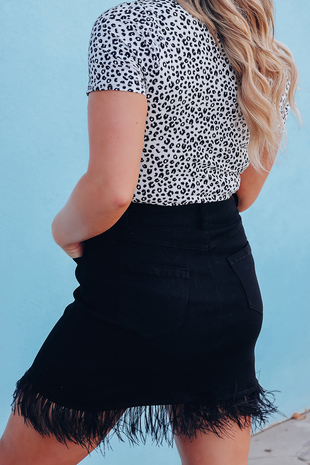 Feather Fringed Denim Skirt