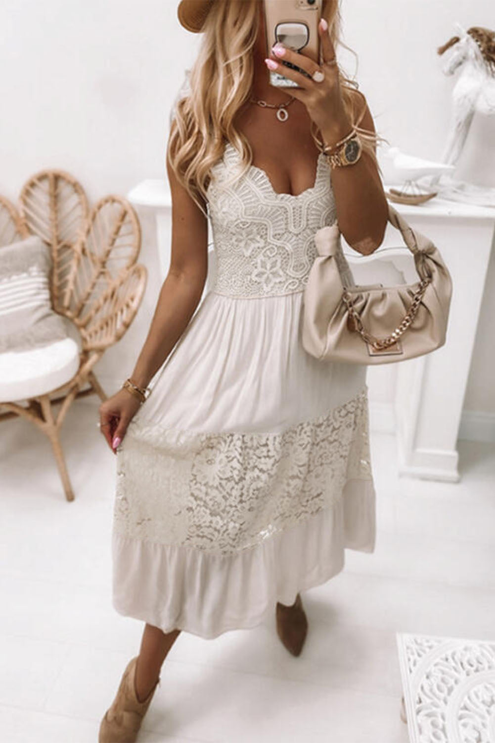 Lace Crochet Patchwork Sleeveless Long Dress