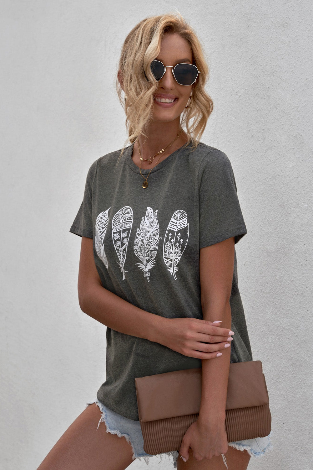 Geometric Feather O-neck T-shirt