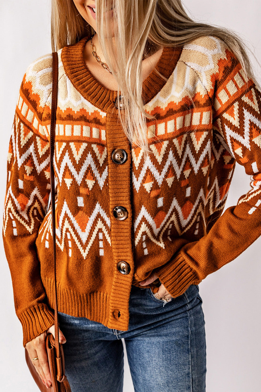 Geometric Pattern Buttoned Knit Cardigan