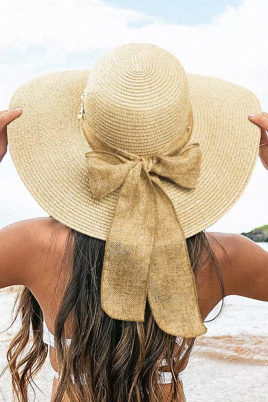 Beige Floral Pearl Bowknot Straw Hat