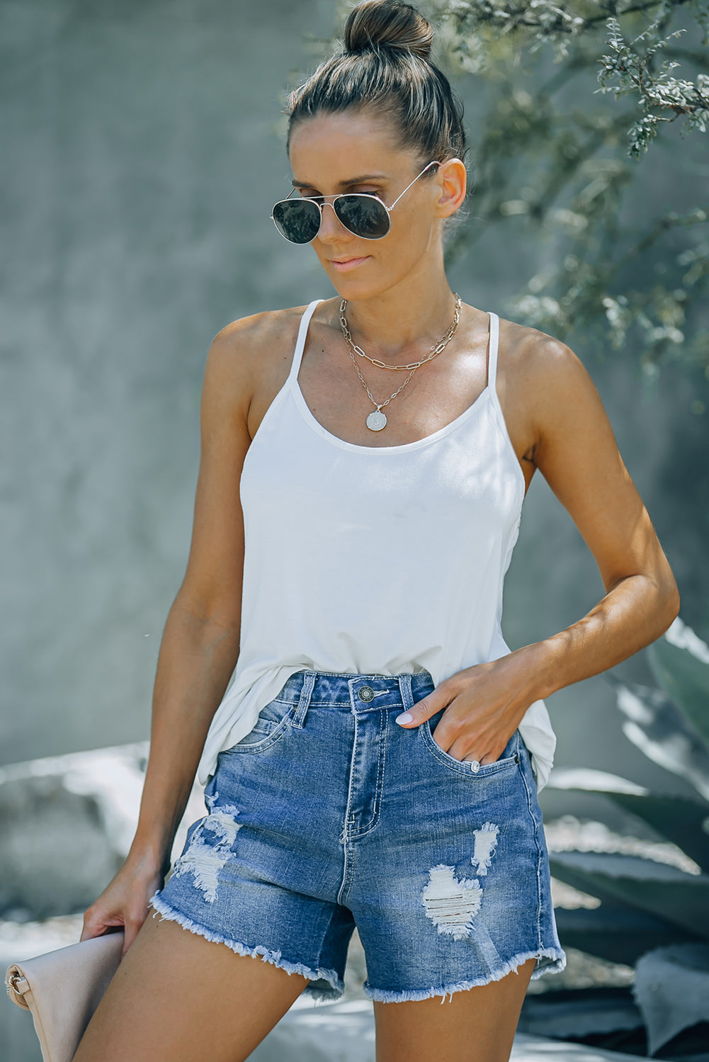 Dark Blue Frayed Hem Denim Shorts