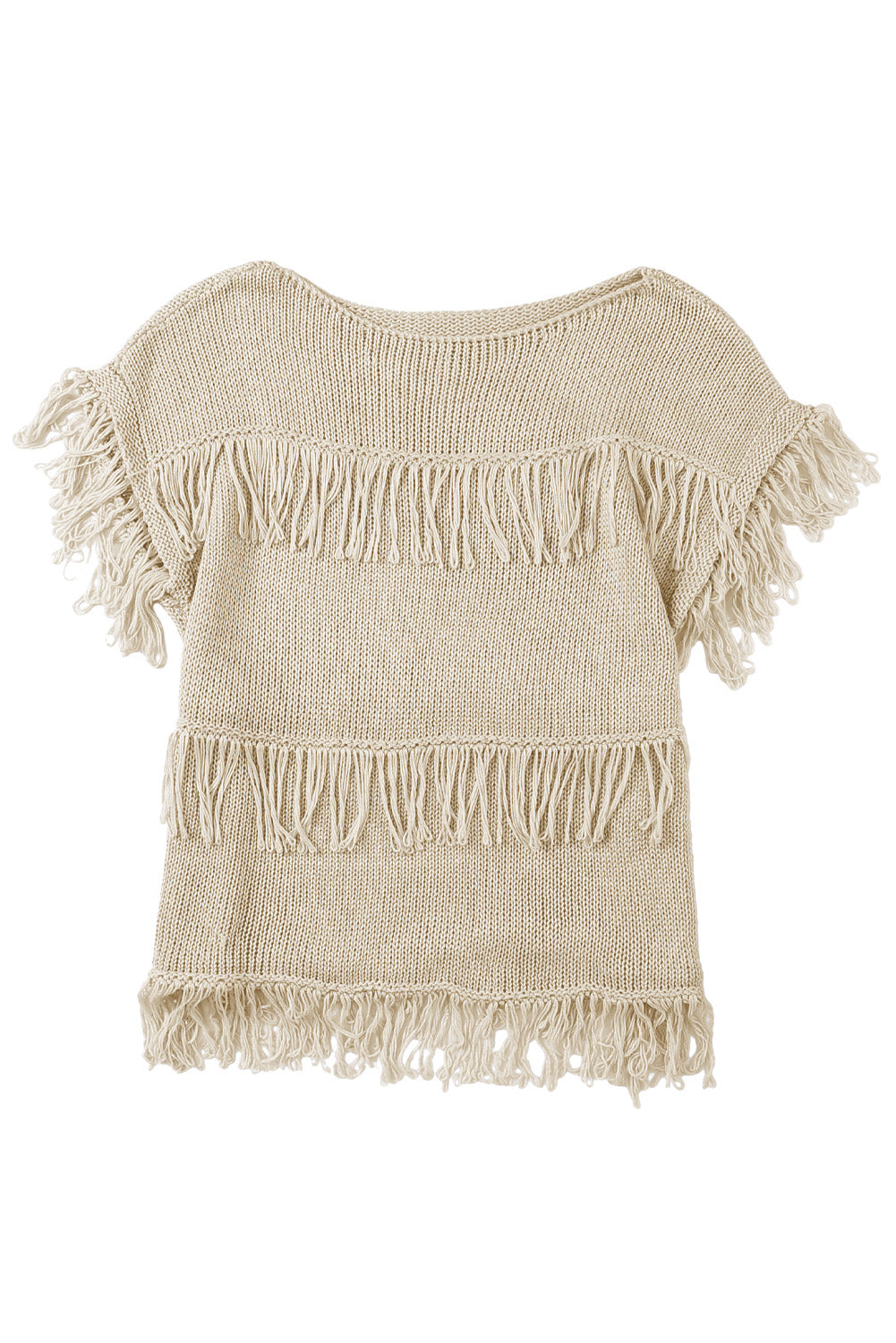 Khaki Crochet Knitted Fringed Short Sleeve Top