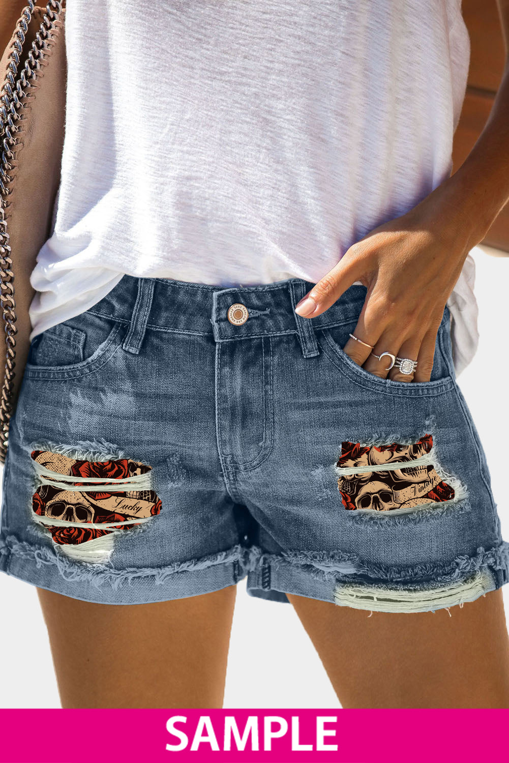 Distressed Ripped Rolled Hem Sky Blue Denim Shorts