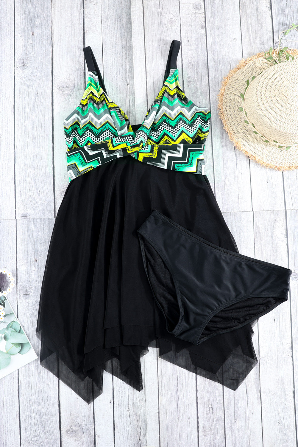 Retro Polka Dot Print Handkerchief Hem Tankini Set