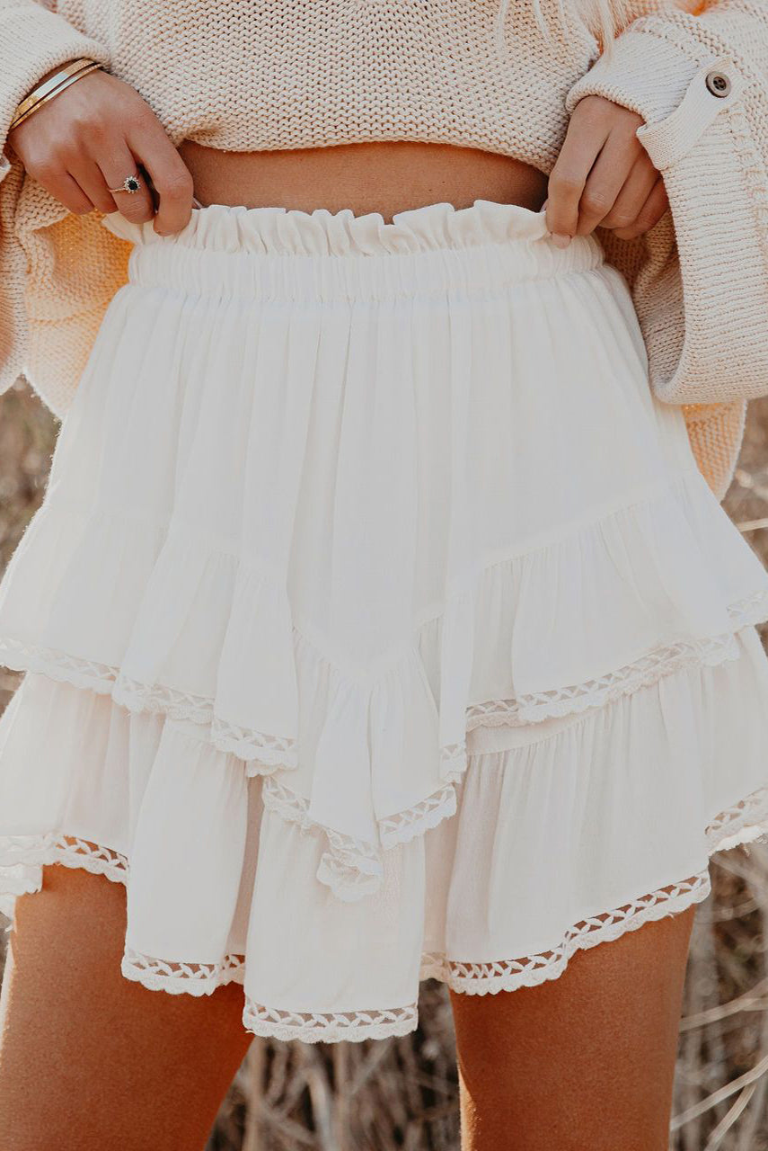 Solid Color High Waist Tiered Crochet Ruffle Mini Skirt