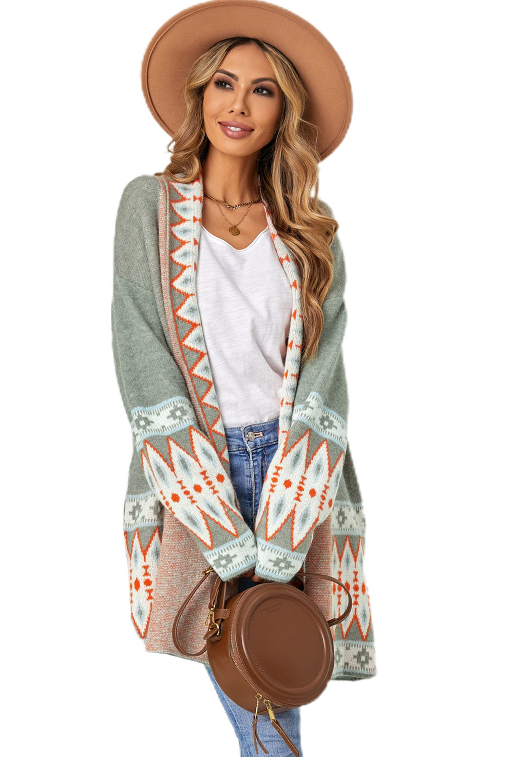 Green Aztec Print Open Front Knitted Cardigan