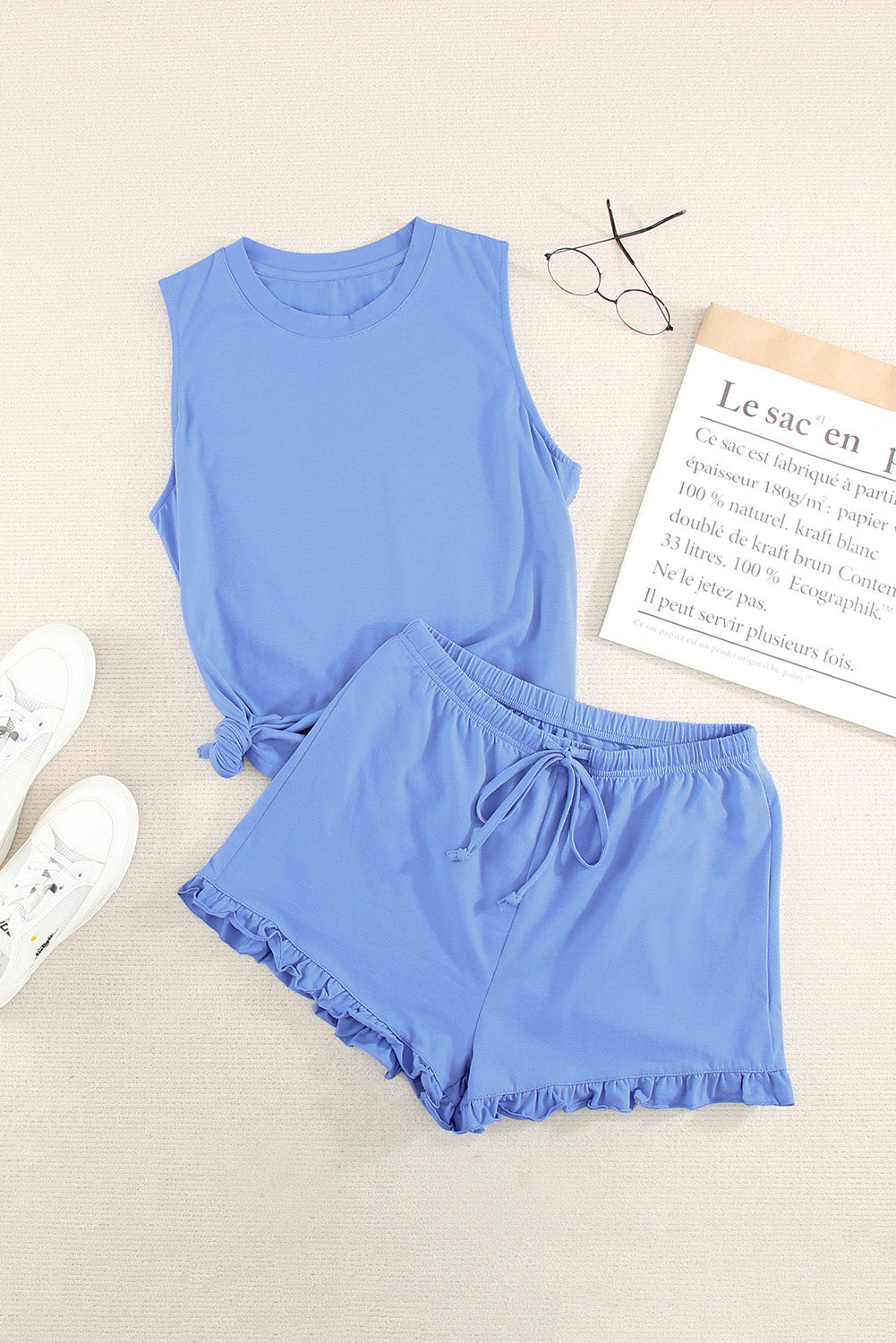 Crew Neck Tank and Drawstring Ruffled Shorts Lounge Set