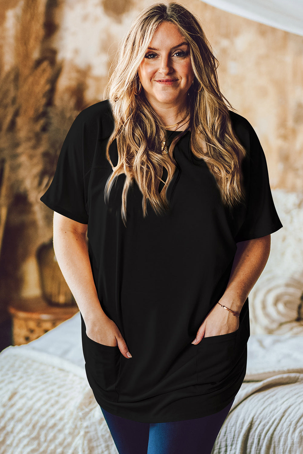 Side Pockets Short Sleeve Tunic Top