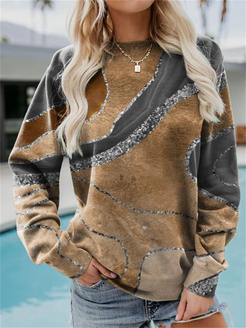 Geometric Loose Print Long Sleeve Crew Neck Sweater