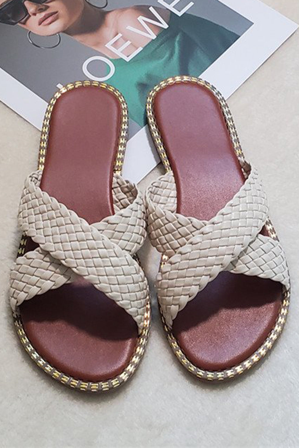 Beige Cross Straps Braised Slippers