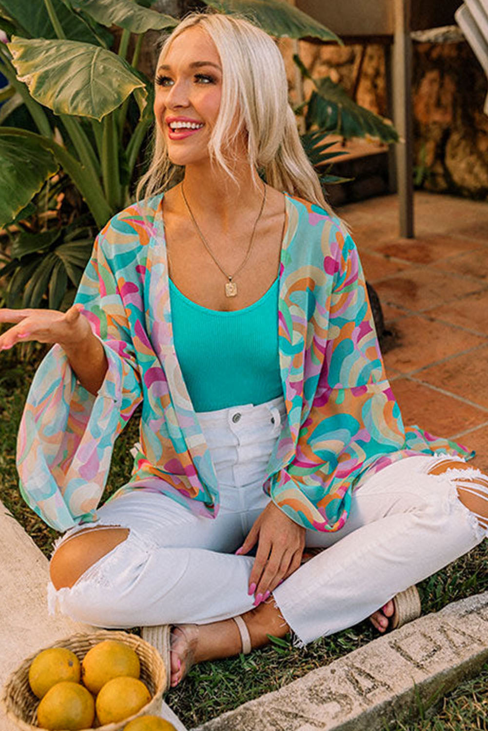 Multicolor Printed Double Layered Bell Sleeve Long Flowy Cardigan