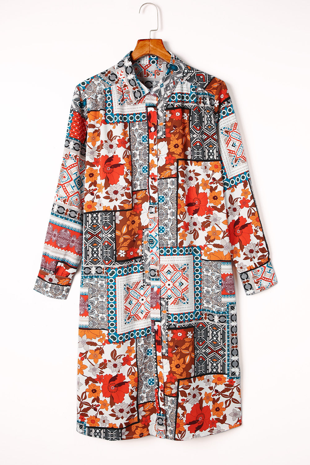 Multicolor Boho Patchwork Print Flowy Long Sleeve Kimono