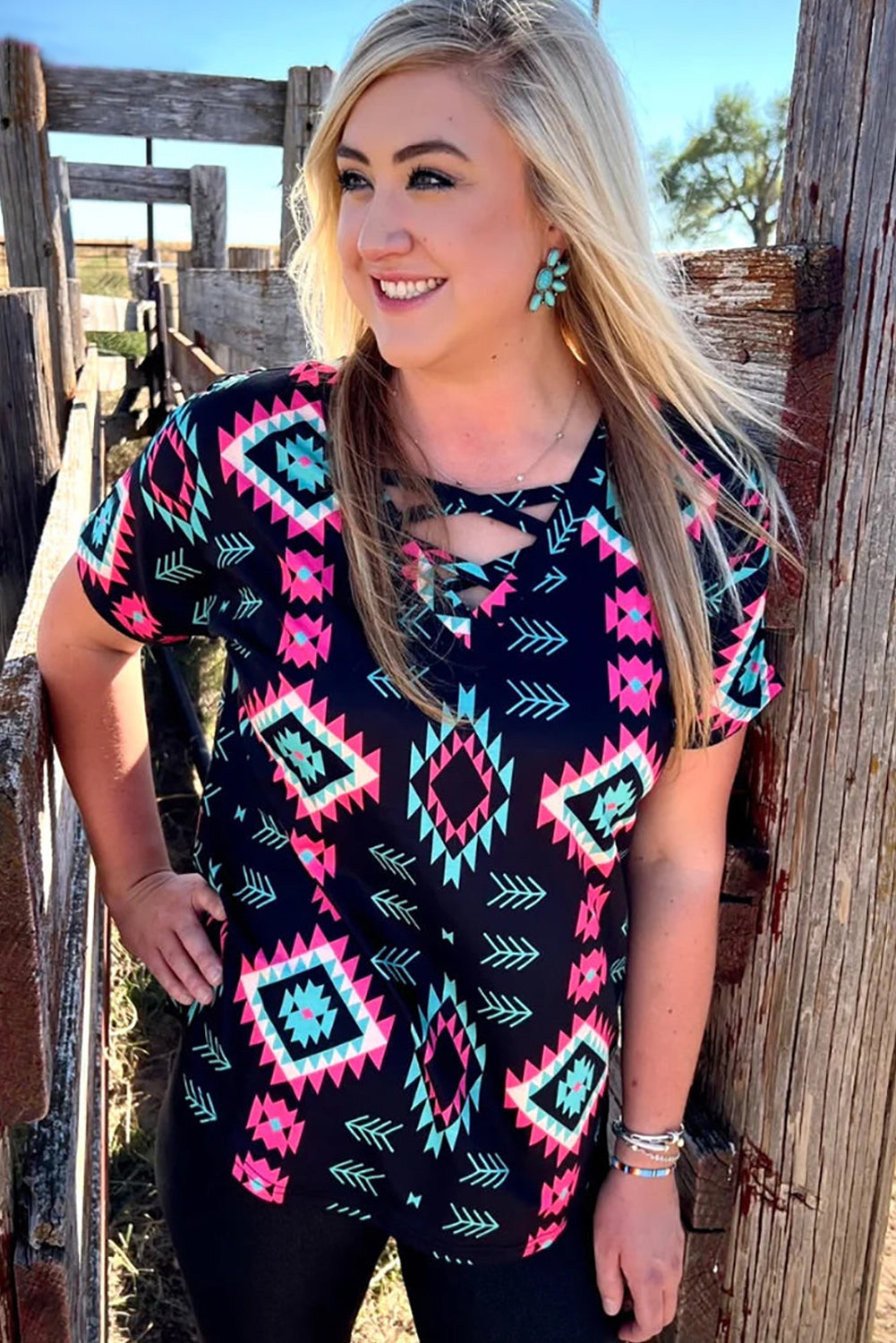 Western Fashion Aztec Print Crisscross V Neck Top