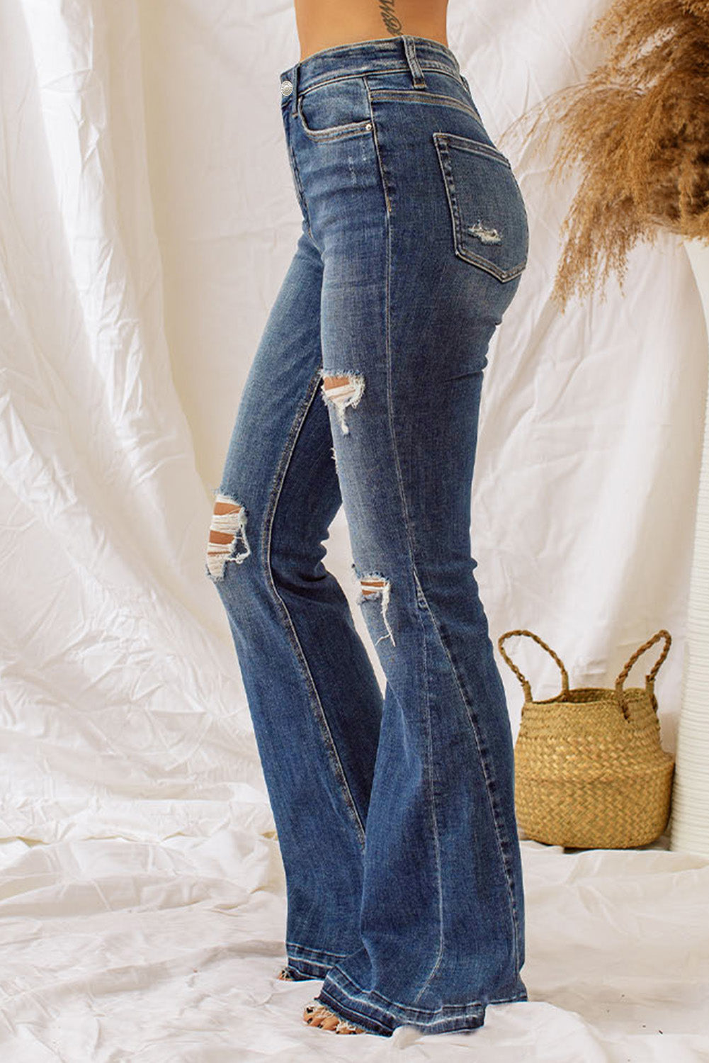 High Waist Slit Leg Distressed Wide Leg Jeans