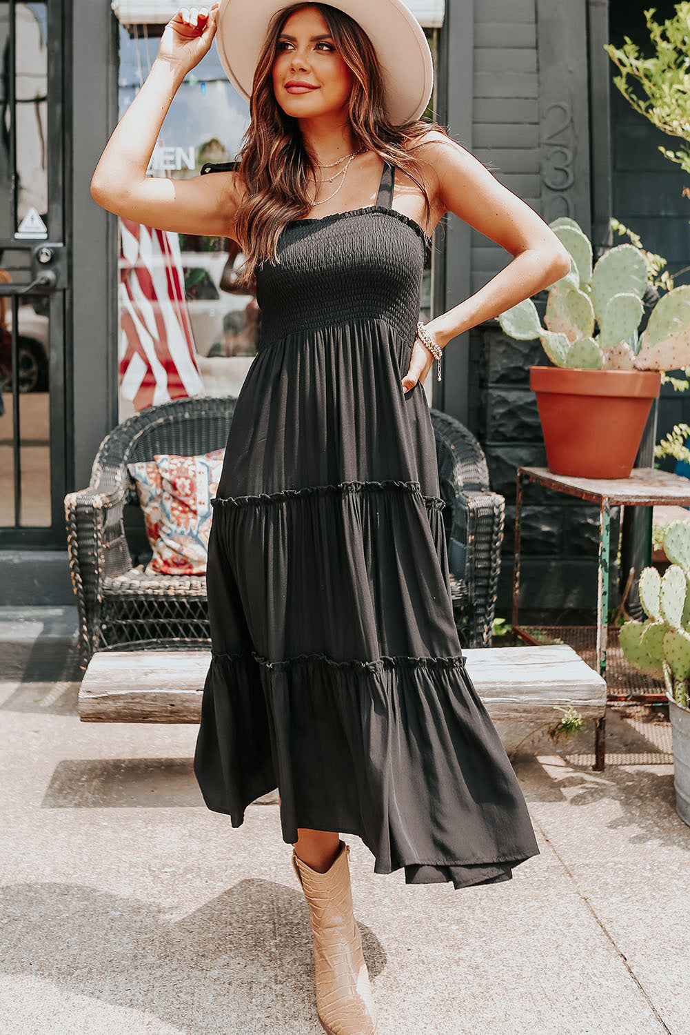 Tie Strap Smocked Frill Tiered Midi Dress