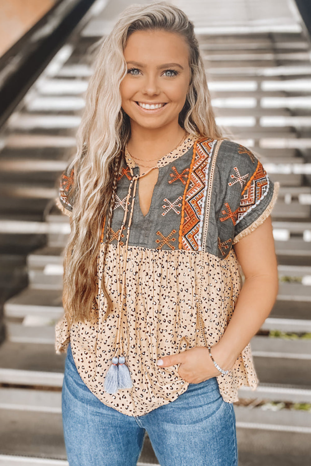 Khaki Geometric Leopard Patchwork Short Sleeve Top