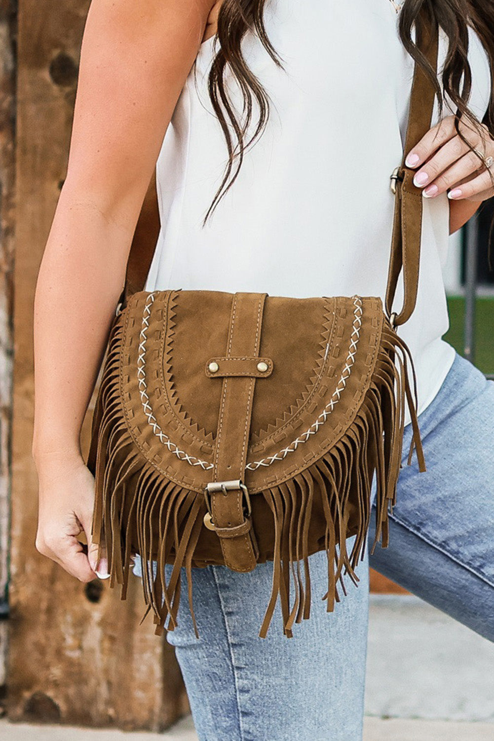 Faux Suede Fringe Retro Saddle Bag