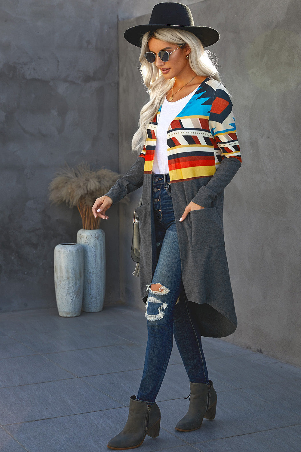 Tribal Printed Open Front Long Cardigan