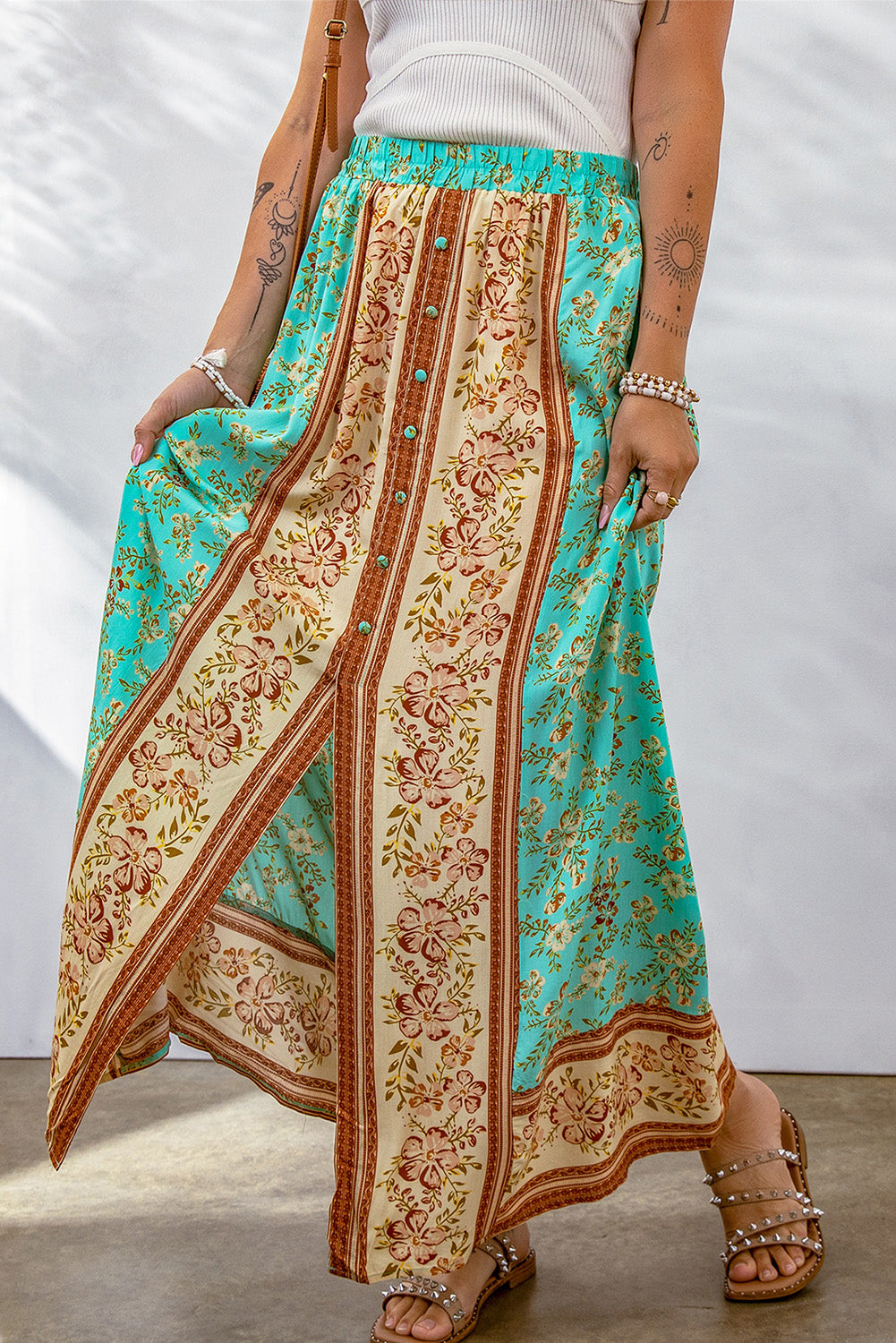 Boho Contrast Color Floral Print Button Slit Maxi Skirt