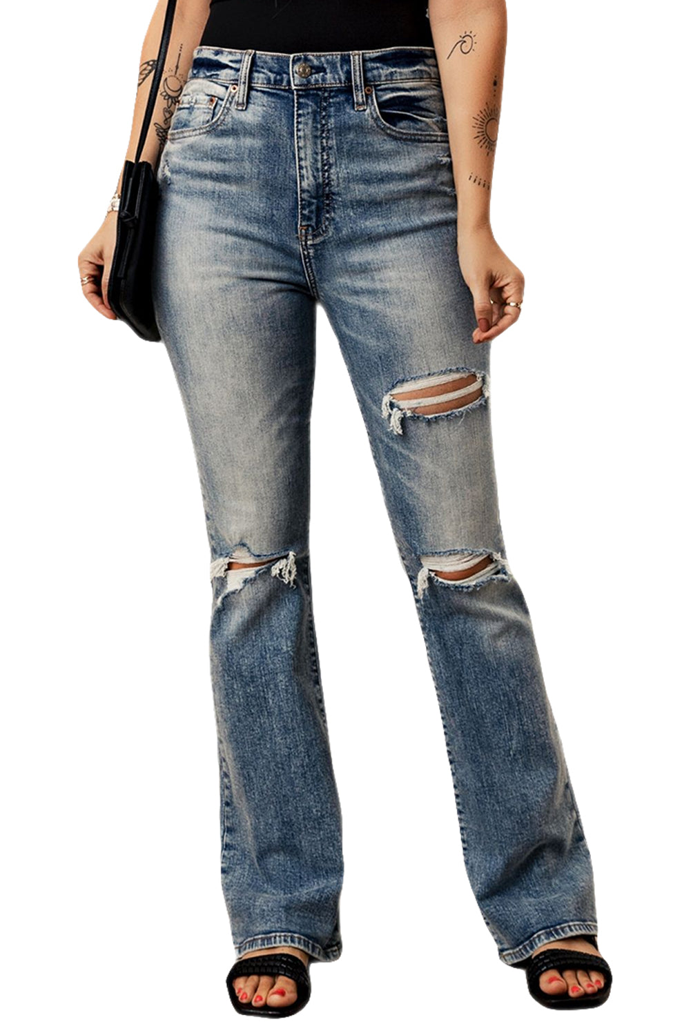 Vintage Wash Open Knee Ripped Jeans