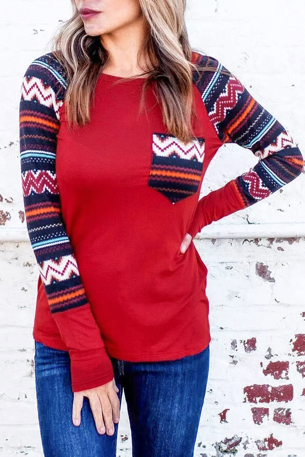 Raglan Sleeve Aztec Geometric Patchwork Top with Pocket