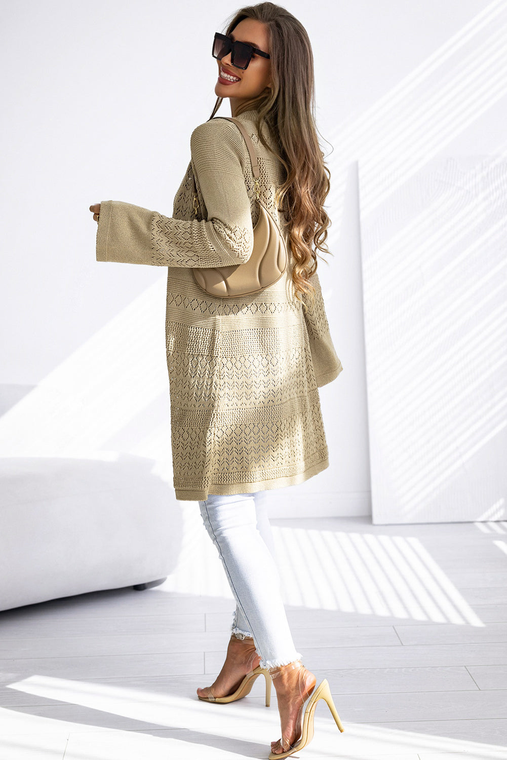 Black Pointelle Knit Open Front Cardigan