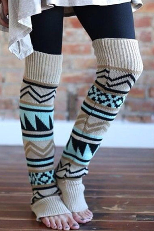 Beige Boho Aztec Print Knitted Leg Warmer