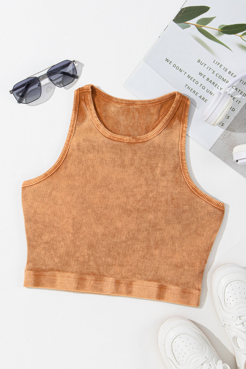 Pink Ribbed Mineral Wash Racerback Cropped Tank Top