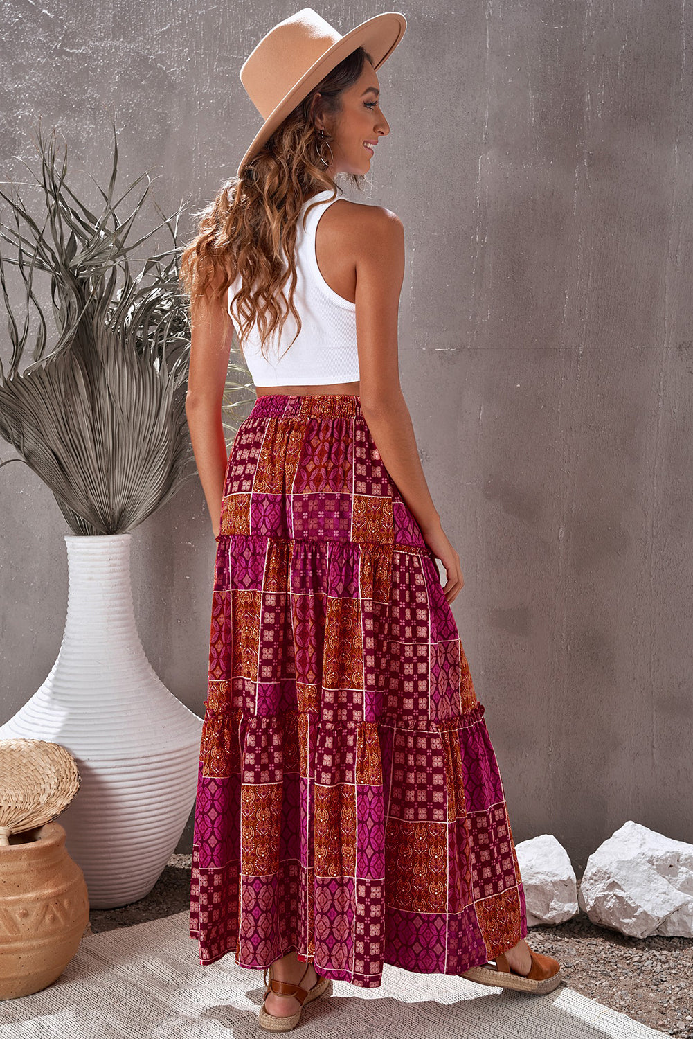 Tiered Paisley Print Pocketed Maxi Skirt