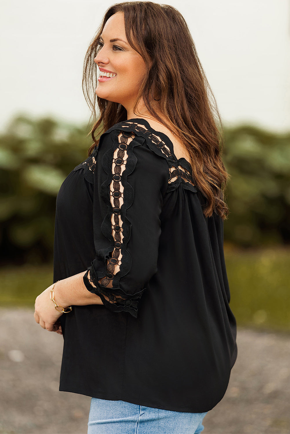 Green Drak Green Crochet Trim Hollow-out Blouse