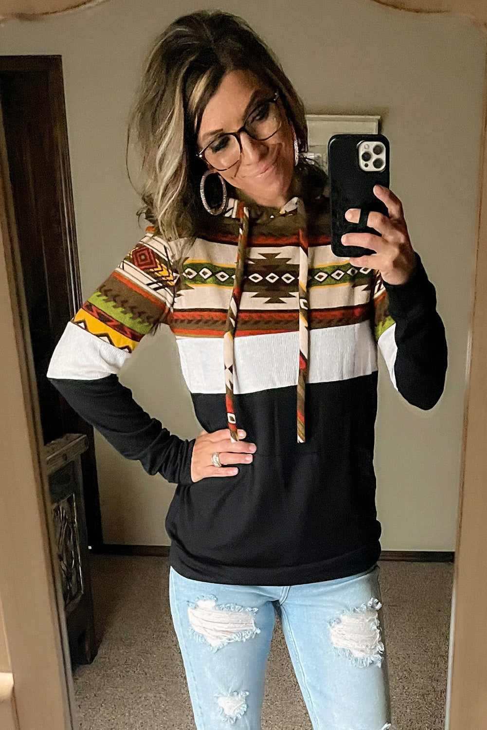 Tribal Colorblock Drawstring Hoodie