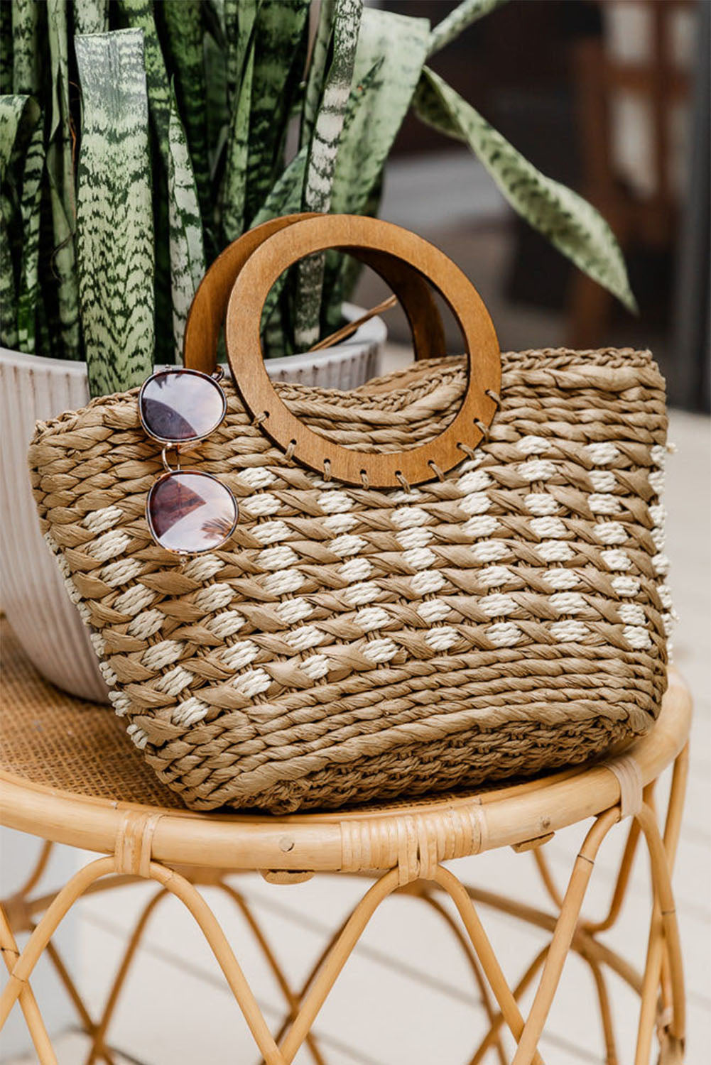 Khaki Round Handle Straw Woven Small Tote 37*12*22cm