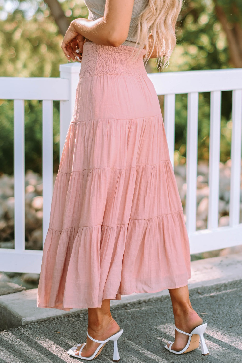 Smocked High Waist Tiered Maxi Skirt