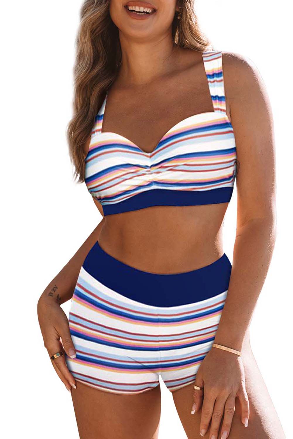 Stripe 2pcs Contrast Band Accent High Waist Bikini