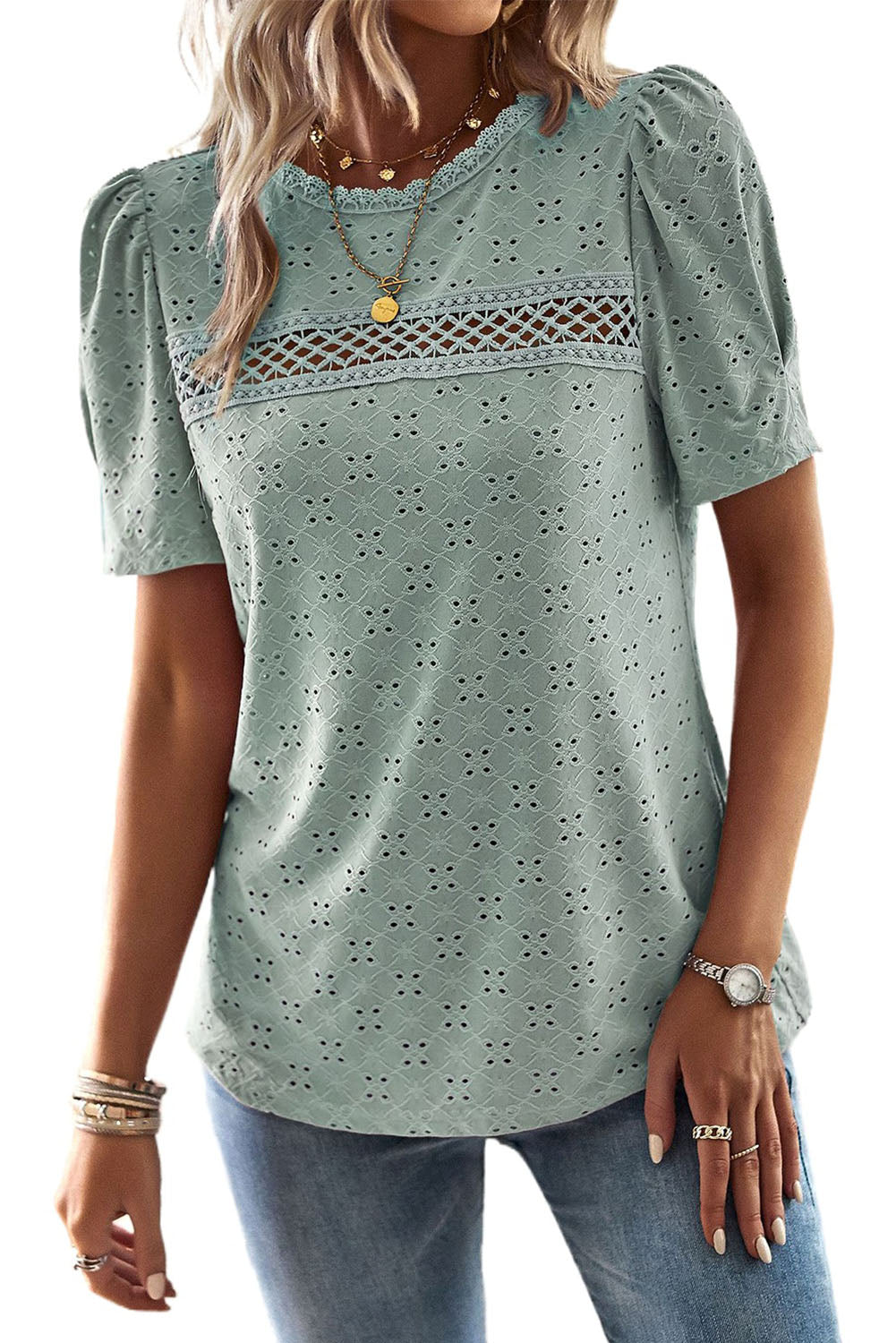 Lace Patchwork Round Neck Hollow Out Puff Sleeves Blouse