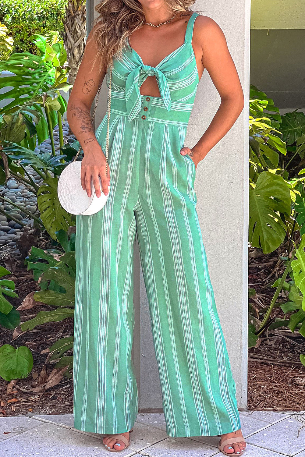 Striped Tie Front Wide Leg Jumpsuit