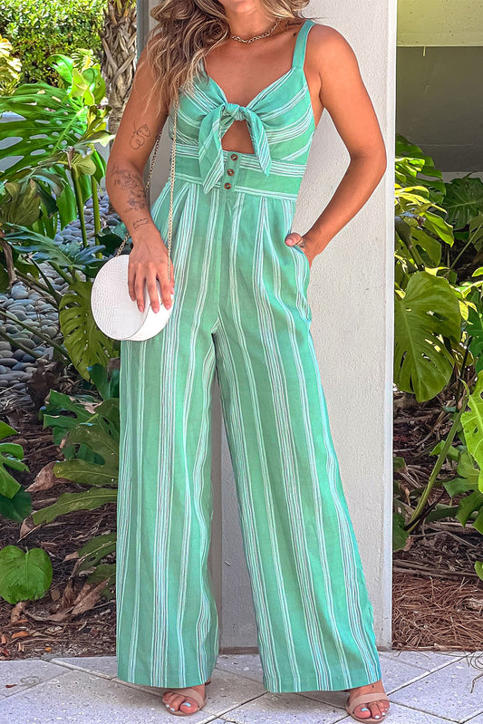 Striped Tie Front Wide Leg Jumpsuit