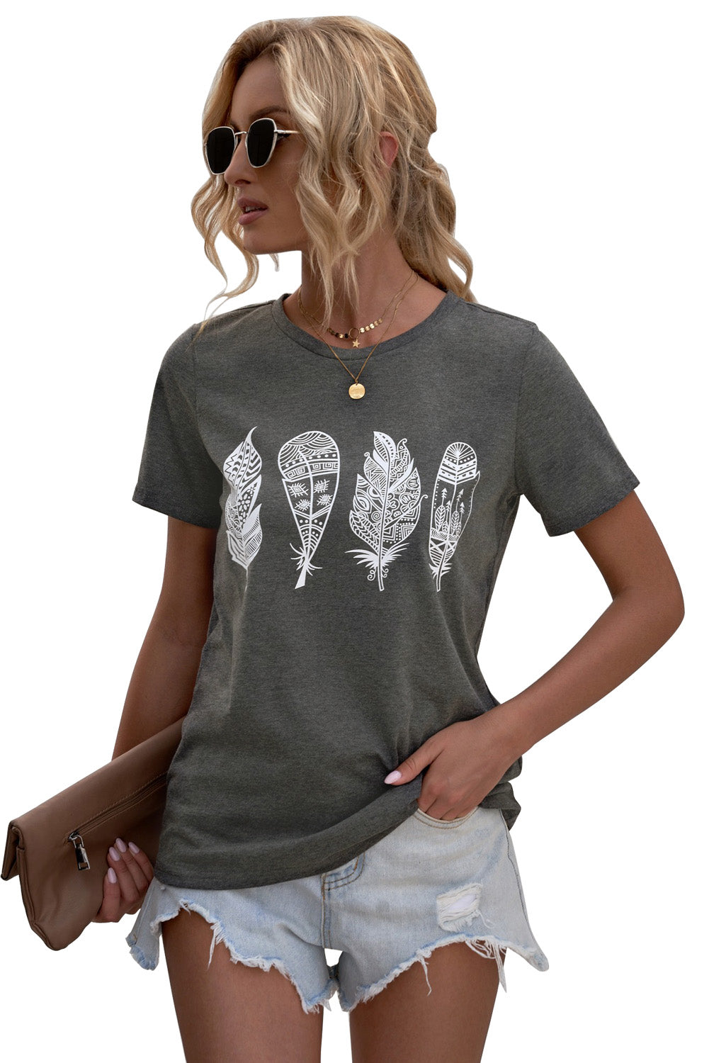 Geometric Feather O-neck T-shirt