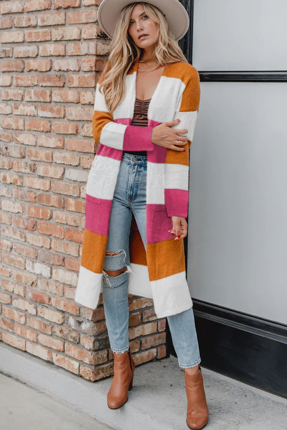 Rose Red Colorblock Open Front Long Knit Cardigan