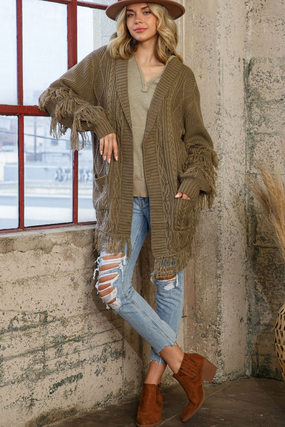 Fringe Trim Cable Knit Open Cardigan