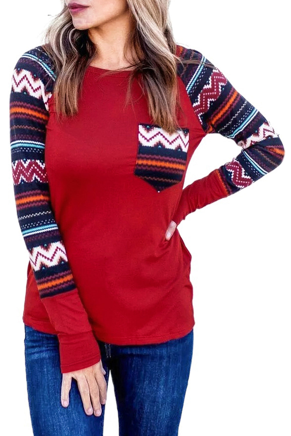Raglan Sleeve Aztec Geometric Patchwork Top with Pocket