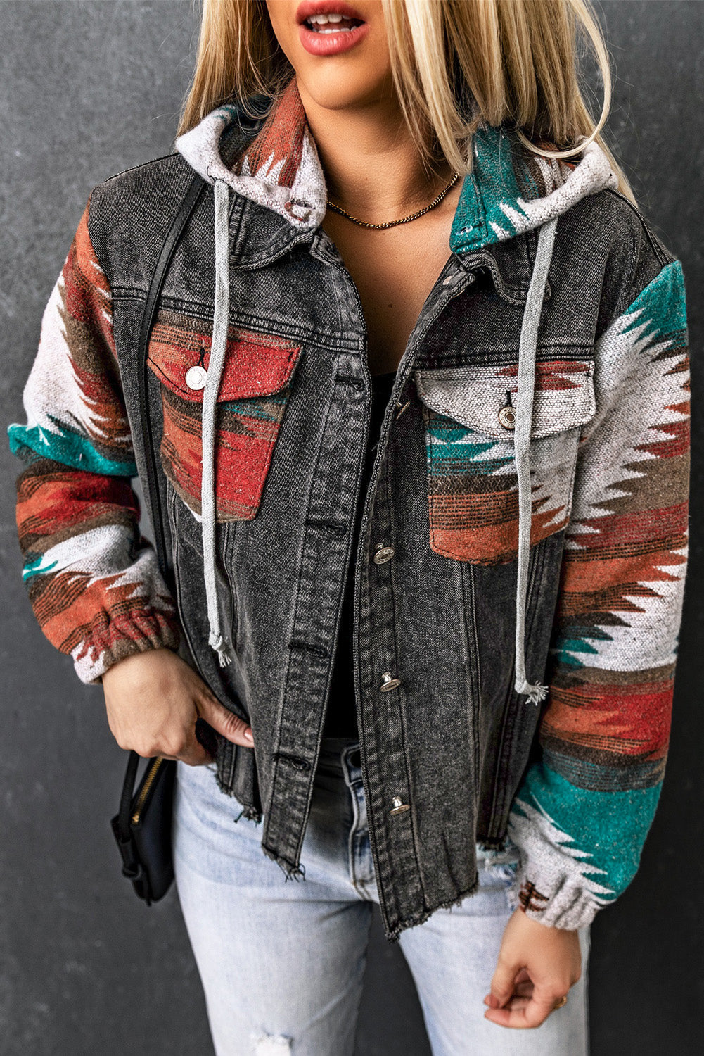 Multicolor Aztec Print Frayed Hem Denim Jacket