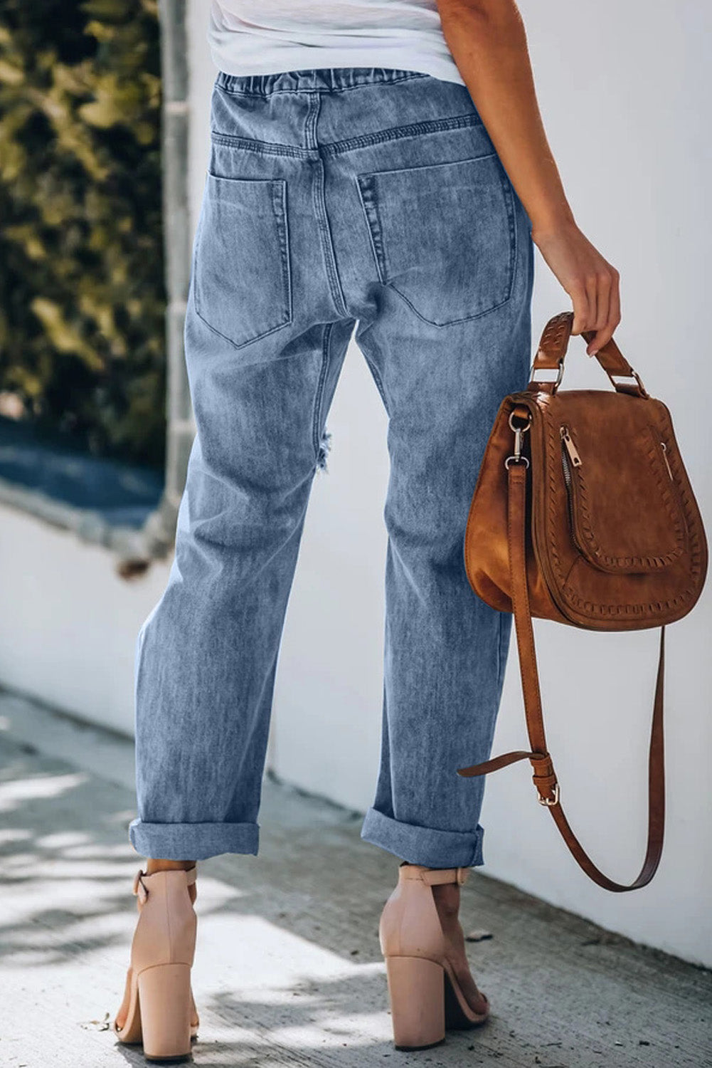 Drawstring High Waist Daisy Patches Straight Leg Jeans