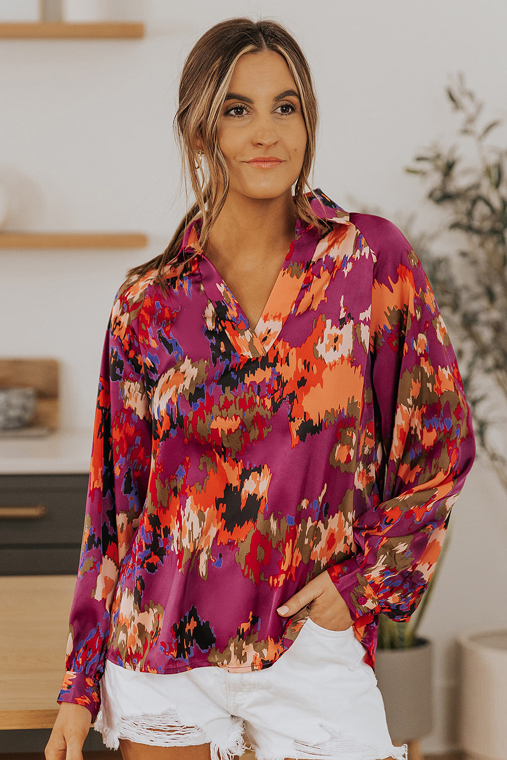 Graffiti Printed V Neck Puff Sleeve Blouse