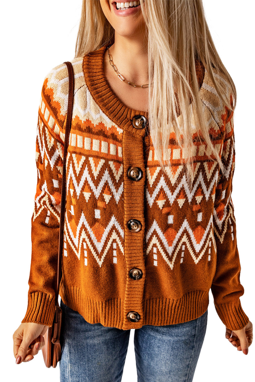 Geometric Pattern Buttoned Knit Cardigan