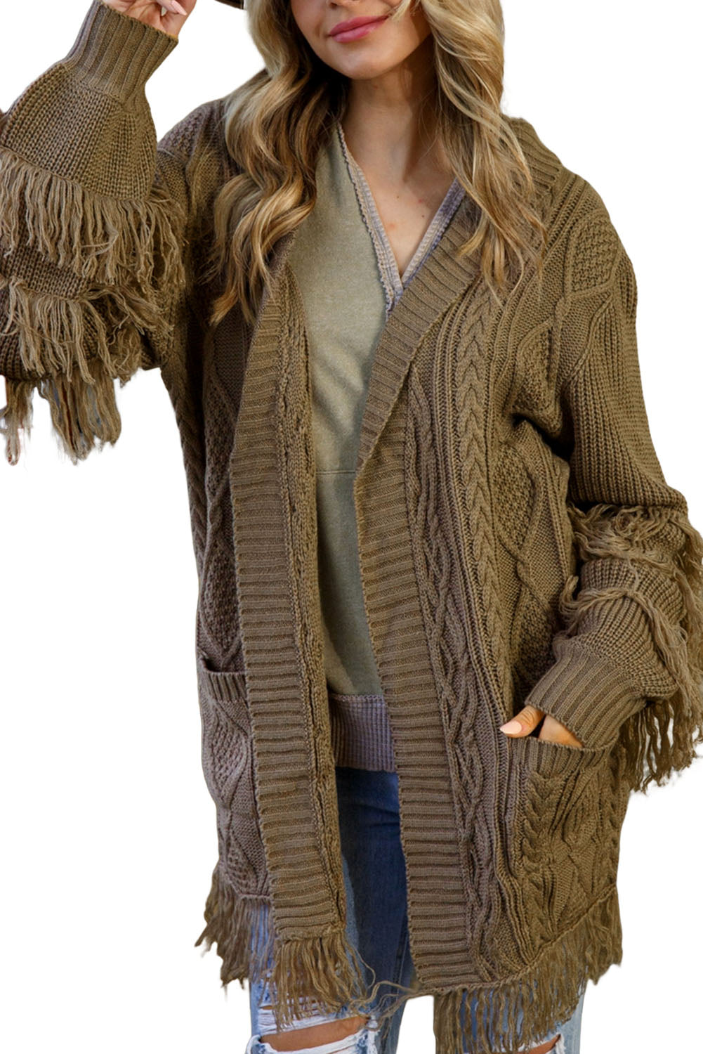 Fringe Trim Cable Knit Open Cardigan