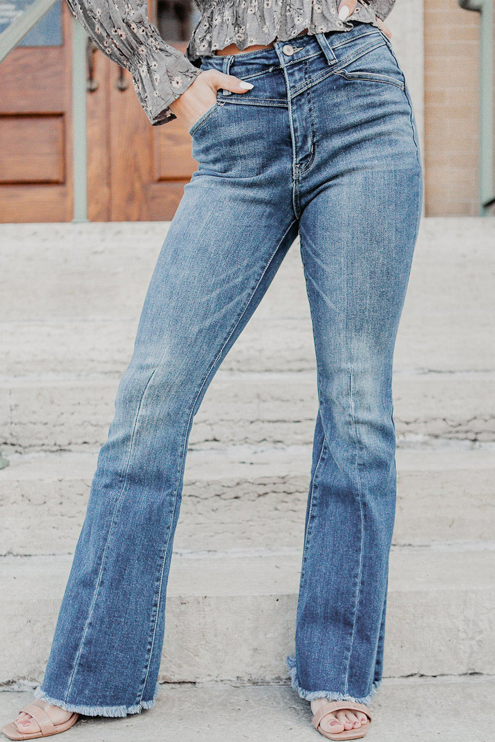 Seamed Raw Hem High Rise Flare Jeans