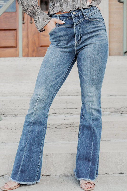 Seamed Raw Hem High Rise Flare Jeans
